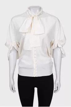 Silk button-down blouse with bow