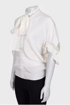 Silk button-down blouse with bow