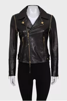 Brown leather jacket with detachable sleeves