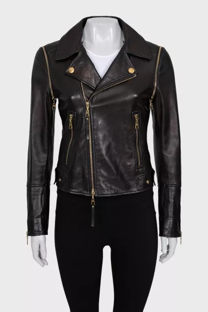 Brown leather jacket with detachable sleeves