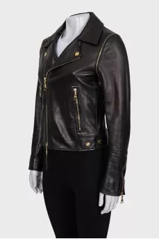 Brown leather jacket with detachable sleeves