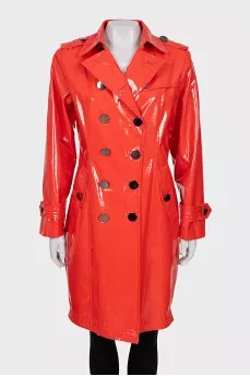 Red faux leather raincoat