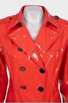 Red faux leather raincoat