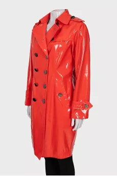 Red faux leather raincoat