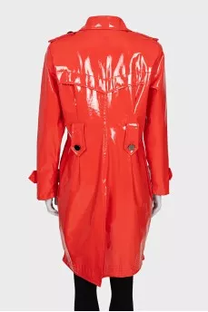 Red faux leather raincoat
