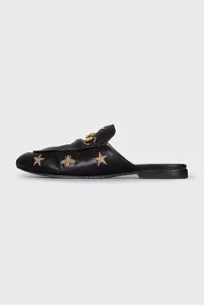 Black embroidered mules
