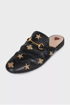 Black embroidered mules