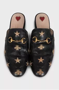 Black embroidered mules