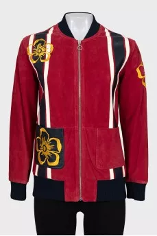 Red leather jacket with embroidery
