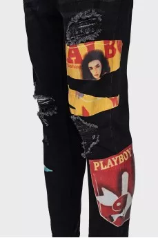 Men's jeans with a ripped effect and print