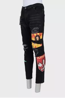 Men's jeans with a ripped effect and print
