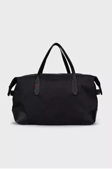 Black textile bag with a signature print