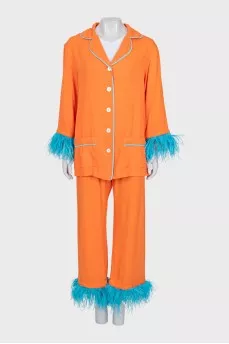 Orange suit with ostrich feathers