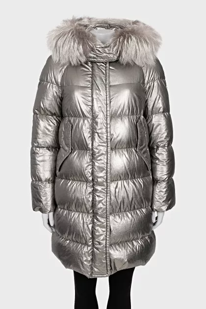 Silver down jacket with fox fur