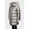 Silver down jacket with fox fur