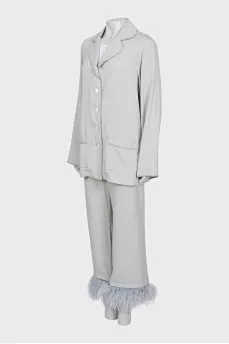Gray suit with ostrich feathers