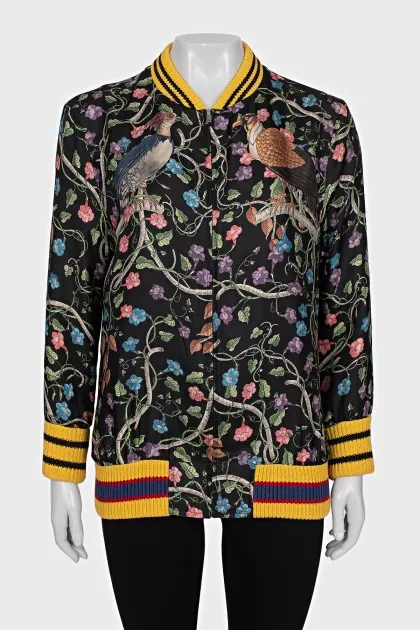 Black printed silk bomber jacket