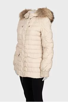 Fitted down jacket with raccoon fur