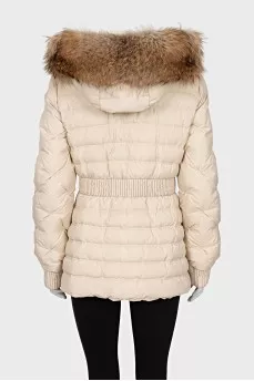 Fitted down jacket with raccoon fur