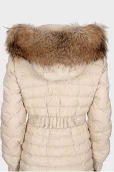 Fitted down jacket with raccoon fur