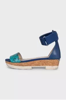 Leather and textile wedge sandals