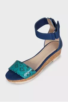 Leather and textile wedge sandals