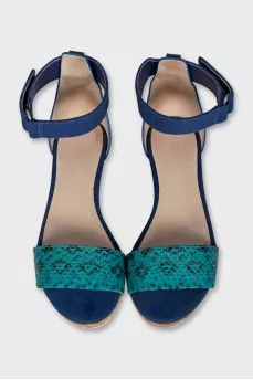 Leather and textile wedge sandals
