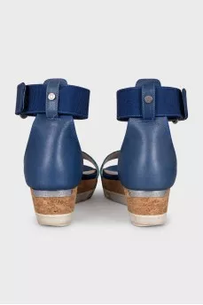 Leather and textile wedge sandals