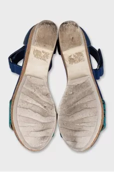 Leather and textile wedge sandals