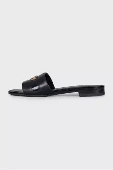 Black leather flip-flops with gold trim