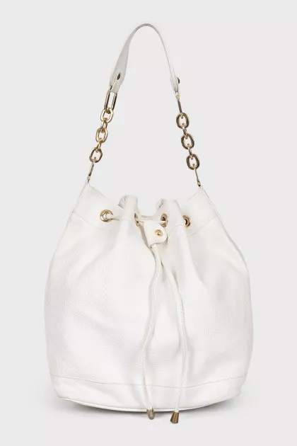 White leather drawstring bucket bag