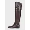 Brown leather over-the-knee boots with buckle