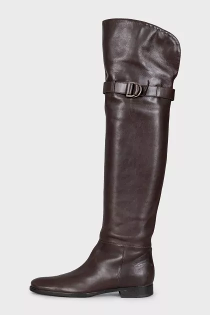 Brown leather over-the-knee boots with buckle