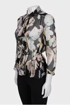 Sheer black blouse with floral print