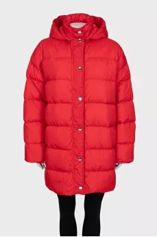 Straight-cut down jacket with a snap-button hood
