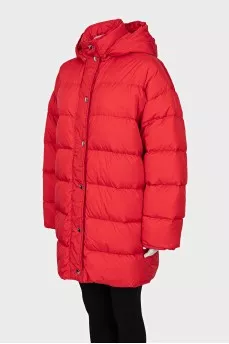 Straight-cut down jacket with a snap-button hood