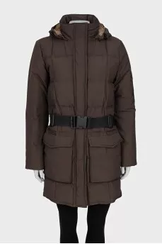 Brown down jacket with a detachable hood