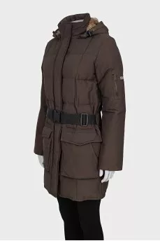 Brown down jacket with a detachable hood