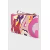 Leather zippered wallet with print