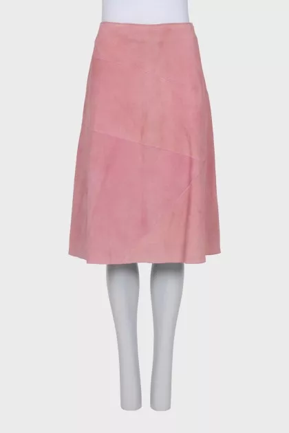 Flared pink suede skirt