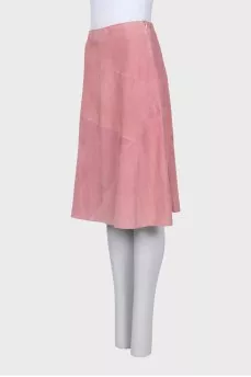 Flared pink suede skirt