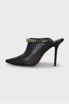 Black leather mules with gold trim