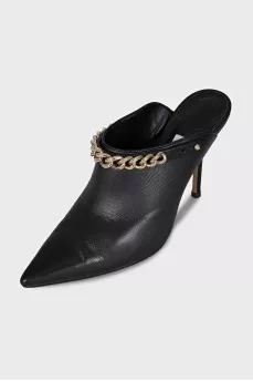 Black leather mules with gold trim