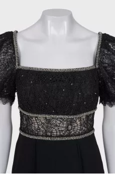 Jumpsuit with openwork sleeves decorated with crystals