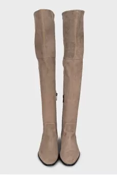 Beige suede over-the-knee boots