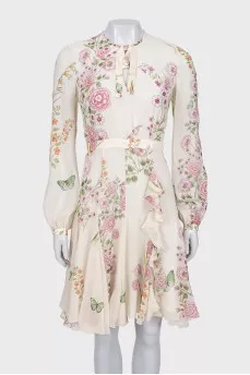 Printed silk dress with long sleeves