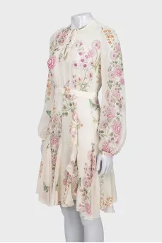 Printed silk dress with long sleeves