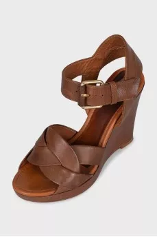 Brown leather wedge sandals