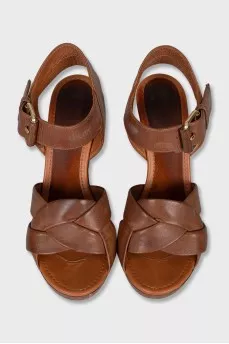 Brown leather wedge sandals