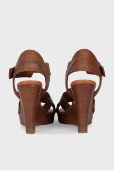 Brown leather wedge sandals